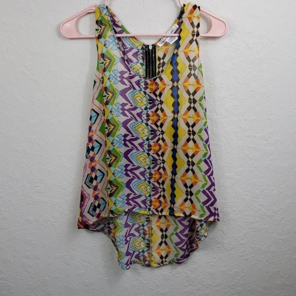 Sleeveless Multicolor Geometric Print Tank Top Zipper Back - Picture 2 of 8
